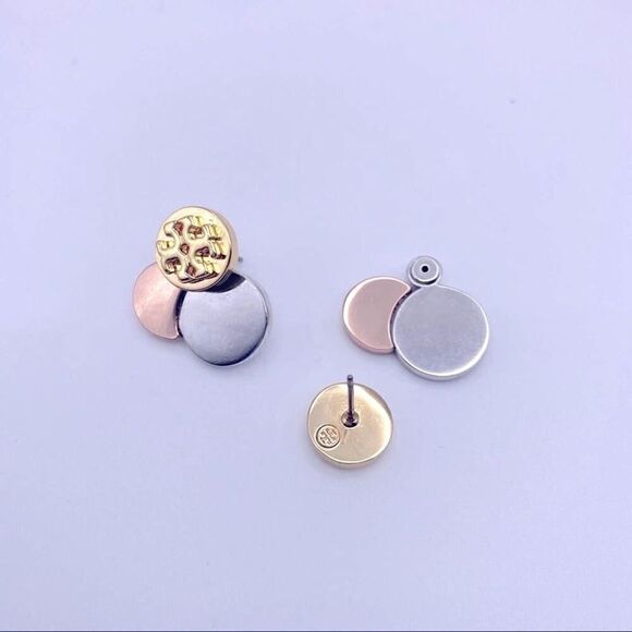 NWOT Tory Burch Tri Color Gold Round Logo Stud Earrings - Picture 4 of 8